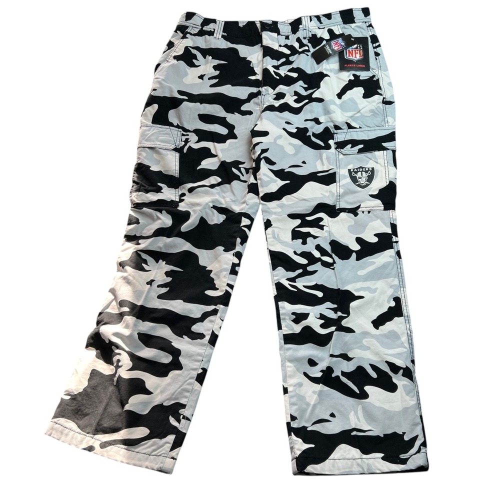 NWT NFL Raiders Fleece Camo Cargo Pants Mens 40x32 Black Grey White Football